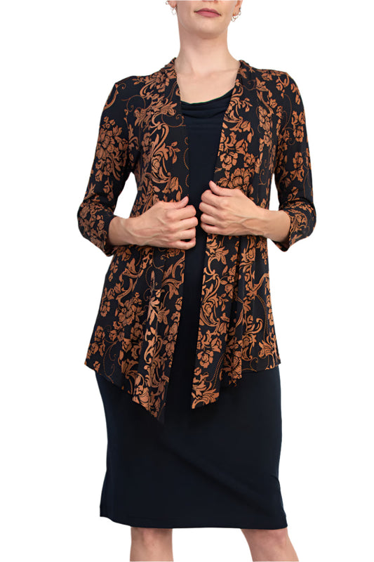 Connected Apparel Cowl Neck Straight Midi Dress with Attached Three-Quarter Sleeves Jacket