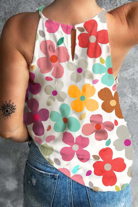 White Cute & Colorful Floral Print Sleeveless Halter Neck Tank Top