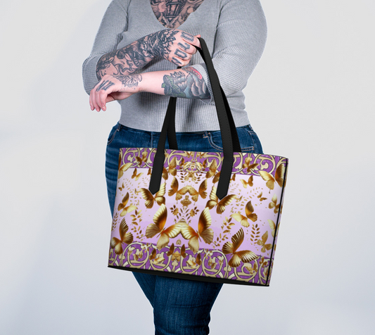 Golden Butterflies on Lavender Vegan Leather Tote Bag