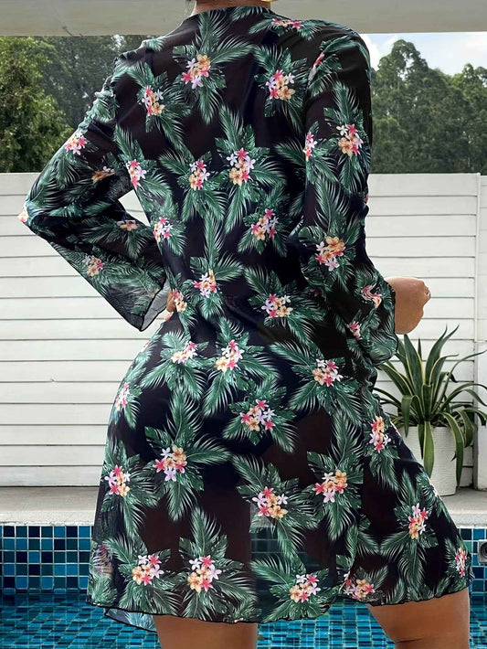 Bikini 3 Piece Tropical Print Swimsuit Set – High Stretch Comfortable Women's Bikini with Crew Neck Mesh Cover-Up – Chic Vacation Beachwear for Summer Casual Style & Poolside Glamour