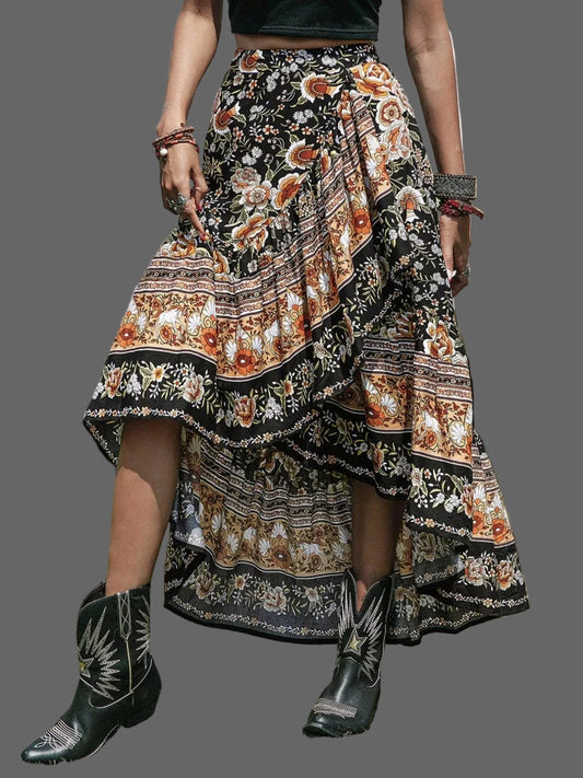 Plus Size Boho Floral Print High-Low Skirt