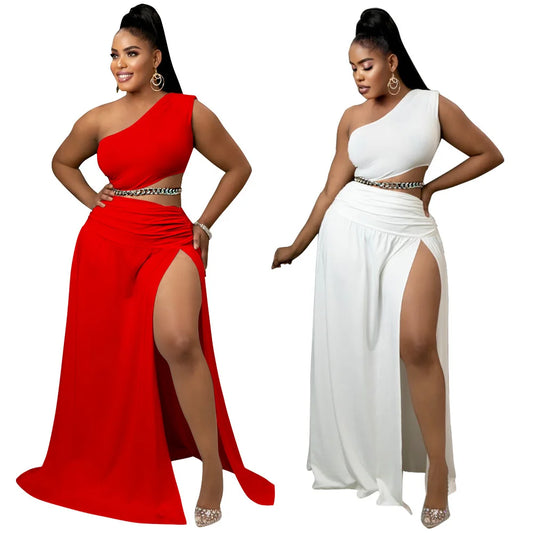 Women Clothes Set Sexy One Shoulder Crop Top Side Split A Line Skirt Beach Party Two Pieces Set Summer 2022