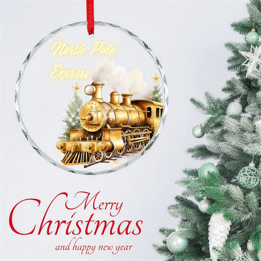 North Pole Express Golden Train Round Glass Christmas Ornament (Made in USA)