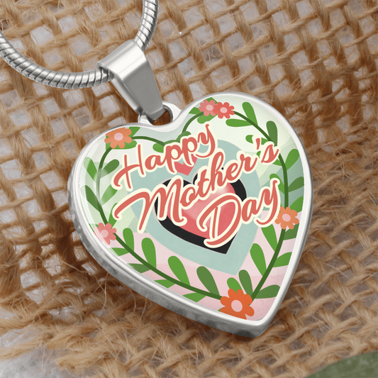 Happy Mother's Day Floral Heart Shaped Graphic Necklace