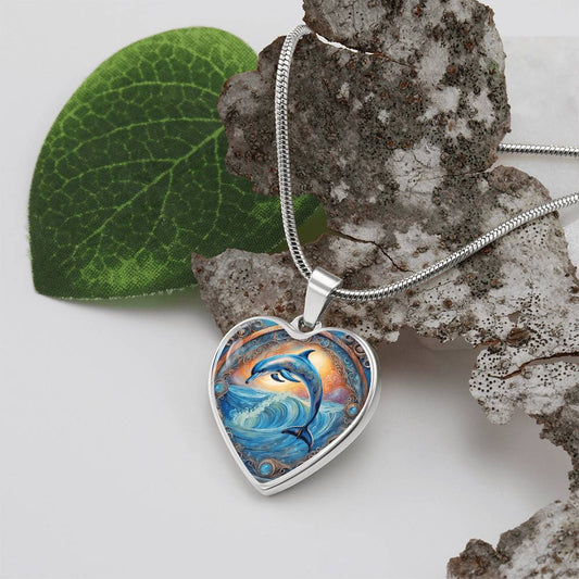 Playful Dolphin Heart Shaped Graphic Deluxe Necklace