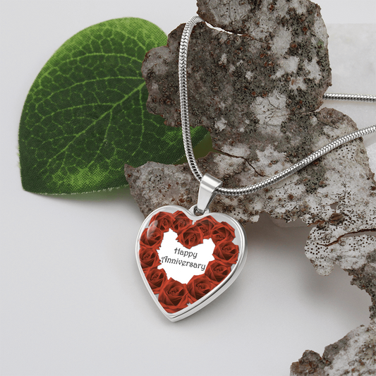 Heart Shaped Red Roses Happy Anniversary Graphic Necklace
