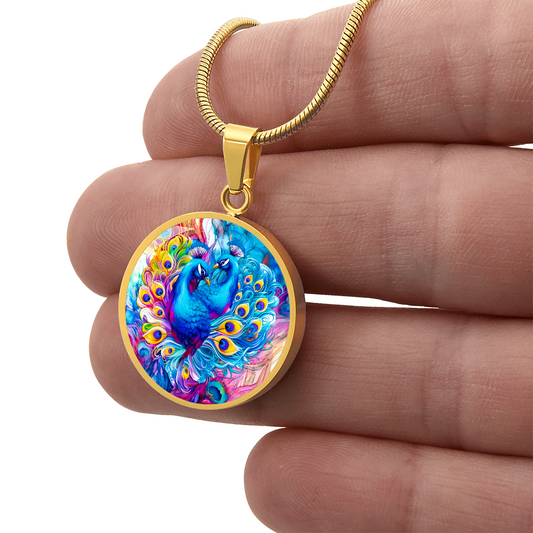 Colorful Peacocks Round Graphic Luxury Necklace