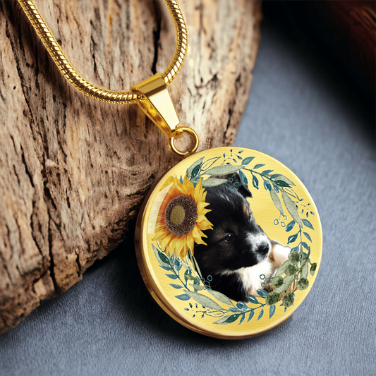 Cute Puppy with Sunflower Hat Graphic Round Necklace