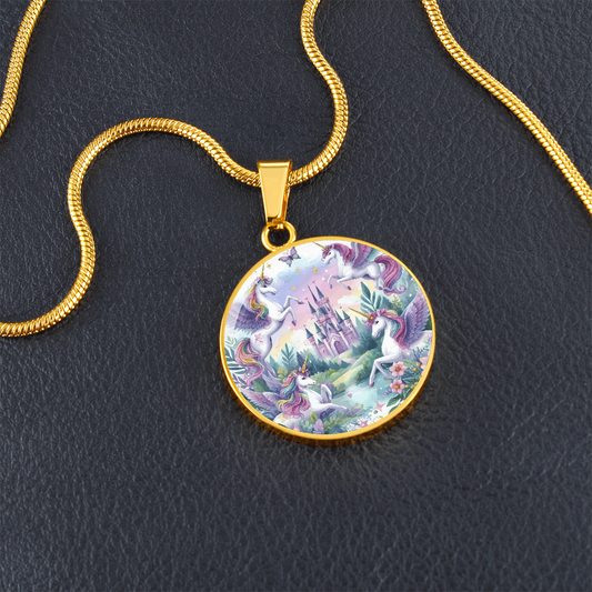 Purple Unicorns and Castle Graphic Circle Necklace