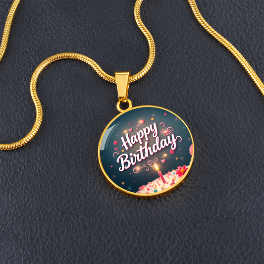 Happy Birthday Cake with Candle Circle Graphic Necklace