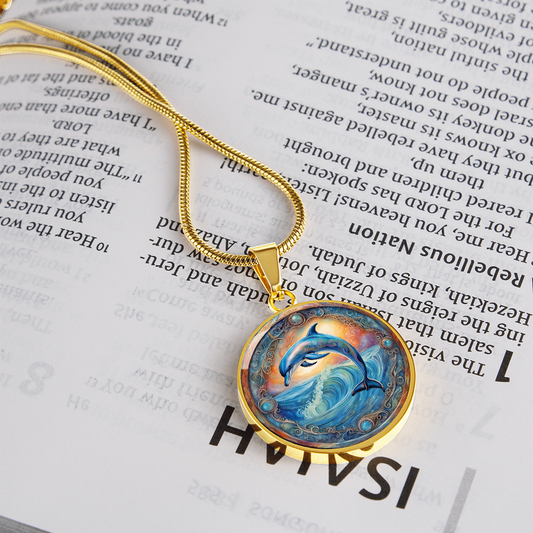 Playful Dolphin Round Graphic Deluxe Necklace