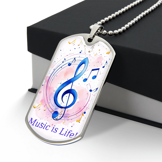 Music is Life Musical Notes Graphic Dog Tags Necklace