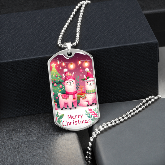 Merry Christmas Pink Llamas Graphic Dog Tags Necklace