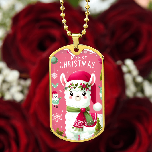 Merry Christmas Festive Llama Graphic Dog Tags Necklace