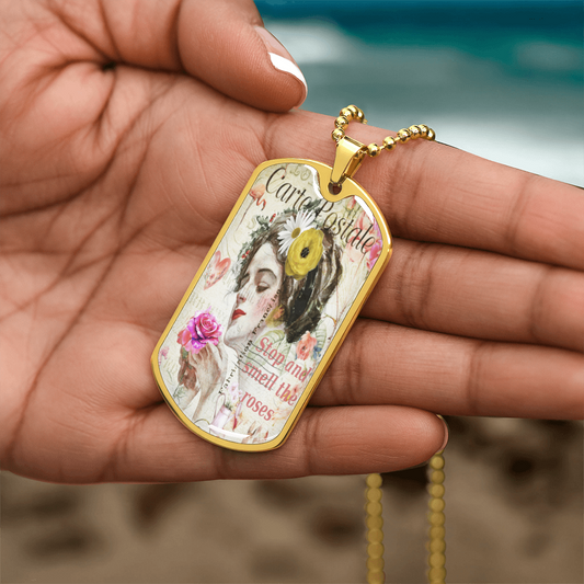 Beautiful Lady Stopping to Smell the Roses Dog Tags Necklace