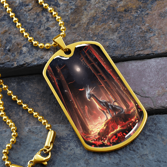 Fiery Dragon Under the Moonlight Graphic Dog Tags Necklace