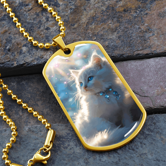 Fluffy White Kitten in the Sun Graphic Dog Tags Necklace