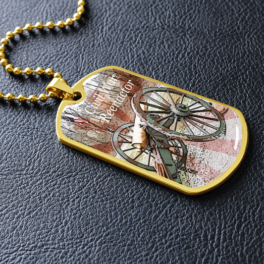 Collar con placas de identificación con gráficos de recreación de la Guerra Civil