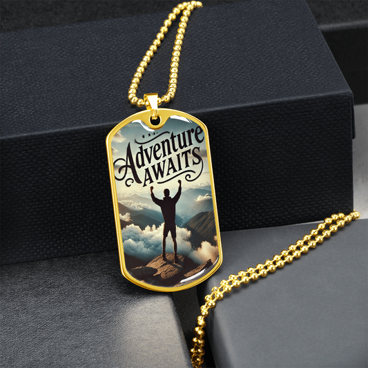 Adventure Awaits Motivational Graphic Dog Tags Necklace