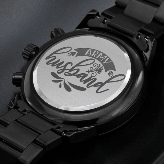 Army Husband Engraved Design Black Chronograph Watch