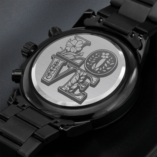 Men's Floral LOVE Engraved Black Luxury Watch