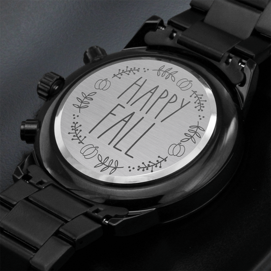 Happy Fall Pumpkin Design Engraved Black Chronograph Watch