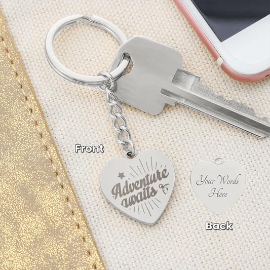 Adventure Awaits Engraved Heart Keychain