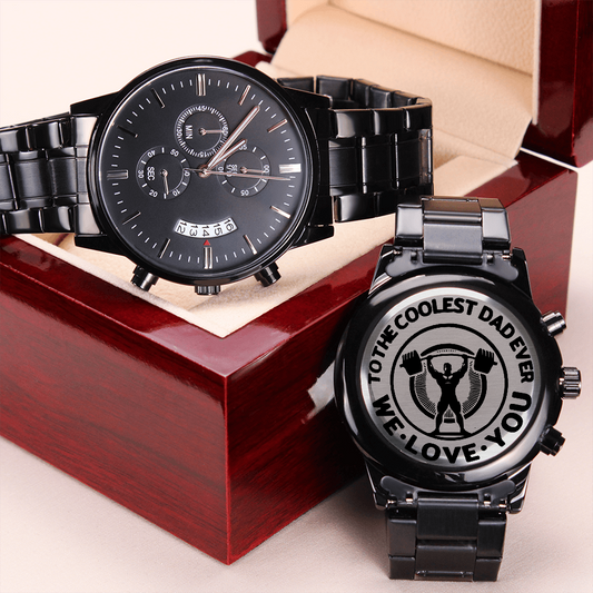 To the Coolest Dad Weightlifter Engraved Black Chronograph Watch