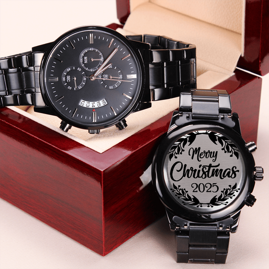 Merry Christmas 2025 Engraved Black Chronograph Watch