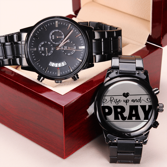Rise Up and Pray Religious Engraved Black Chronograph Watch