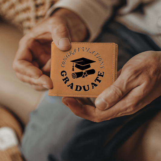 Cartera de cuero con gráfico "Felicitaciones a los graduados"