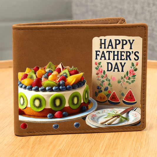 Tarjeta del Día del Padre y billetera de cuero con gráfico de pastel