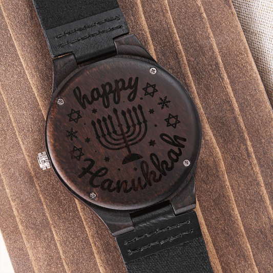 Happy Hanukkah Engraved Wooden Watch