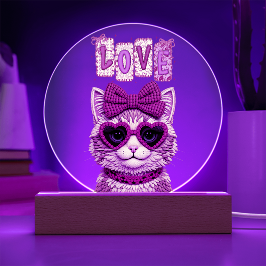 Yarn Design Love Kitten with Red Bow Printed Circle Acrylic Plaque