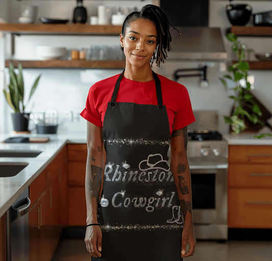 Delantal negro con gráfico de vaquera con diamantes de imitación