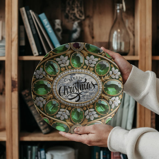 Ornate Silver Frame with Green Gemstones 10" Polymer Plate