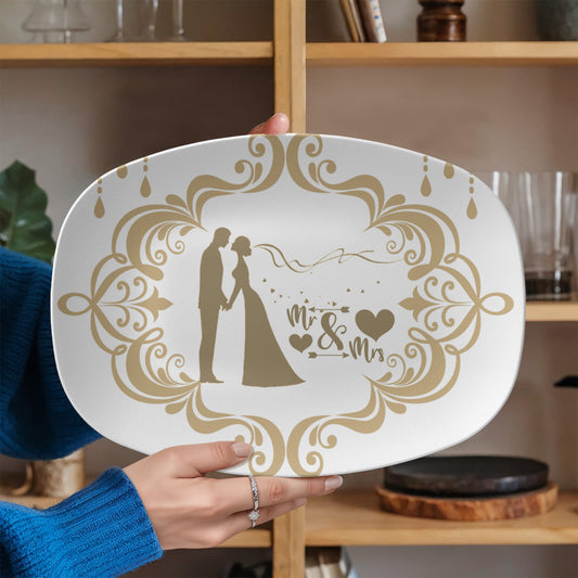 Bride and Groom Mr. & Mrs. Golden Trim 10”x14” Oval Serving Platter