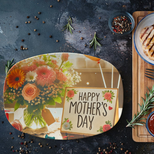 Happy Mother's Day Card and Flowers 10" x 14" Oval Serving Platter