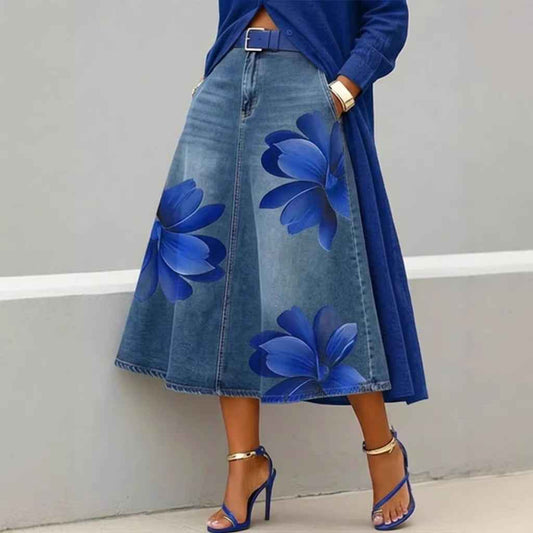 Women's Floral Print A-Line Midi Skirt – Denim-Style Boho Skirt