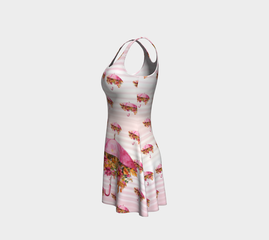Pink Umbrella Floral Pattern Short Flare Dress