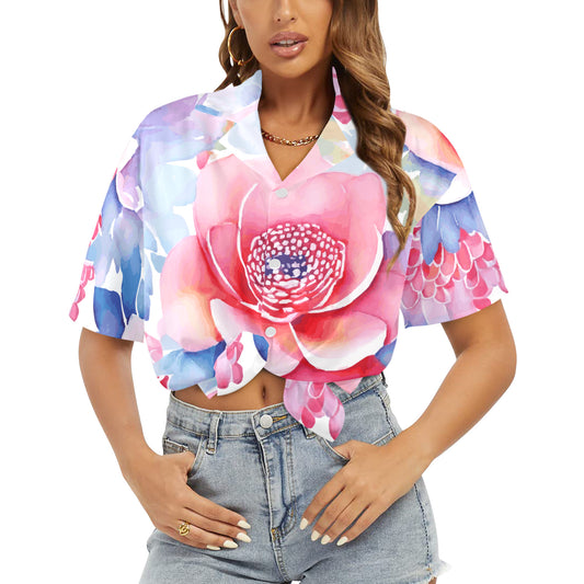 Pink and Blue Floral Pattern Women's All Over Print Hawaiian Shirt (Made in USA)
