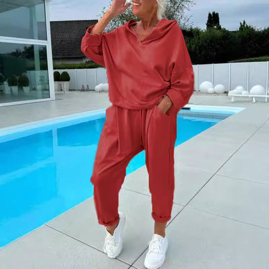 Solid Color Women's Sweatsuit Two-piece Hooded Set