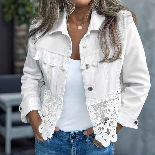 Women's Hollow-Out Patchwork Tassel Coat – Long Sleeve Lapel Button-Down Jacket