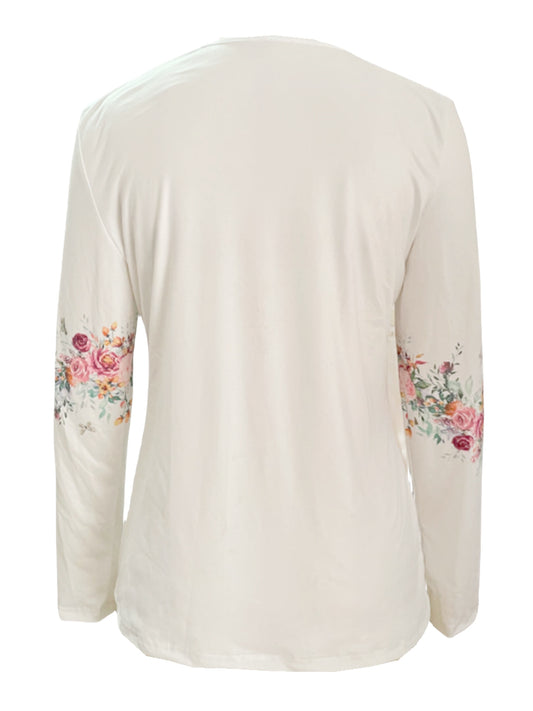 White Buttoned Rose Print Long Sleeve Casual Blouse