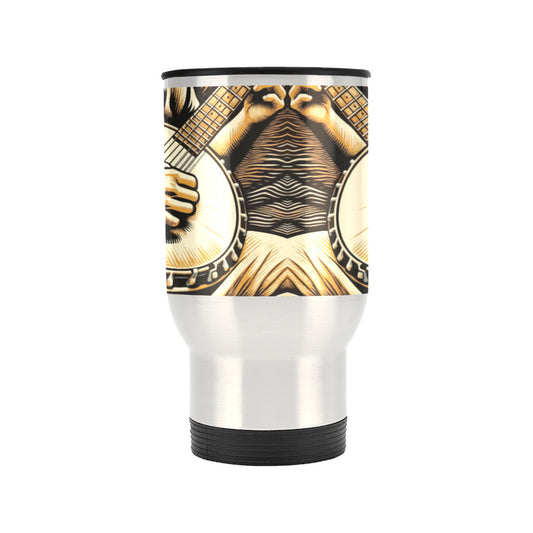 Taza de viaje plateada con diseño de banjoista, 14 oz (fabricada en EE. UU.)