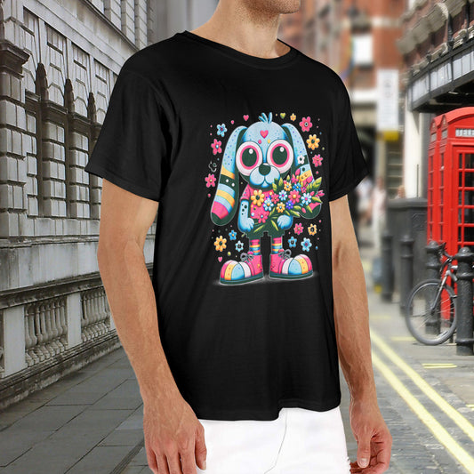 Cartoon Dog with Bouquet of Flowers Men's Heavy Cotton T-Shirt (Made in USA)