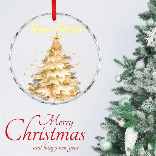 Happy Holidays Golden Christmas Tree Round Glass Ornament (Made in USA)