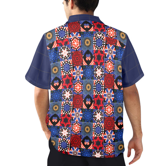 USA Pattern with Blue Sleeves Men's Printed Hawaiian Shirt (Made in USA)