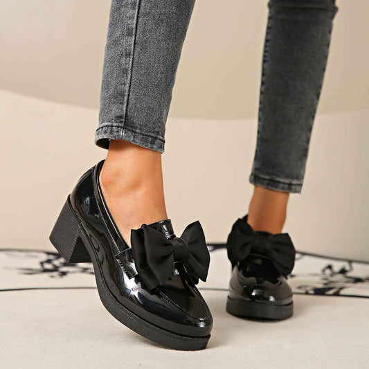 Women's Bowtie Round Toe Low Heel Pumps – Wide Size PU Casual Shoes