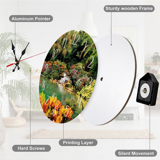 Serene Tropical Garden and Waterfall Modern Wooden Wall Clock